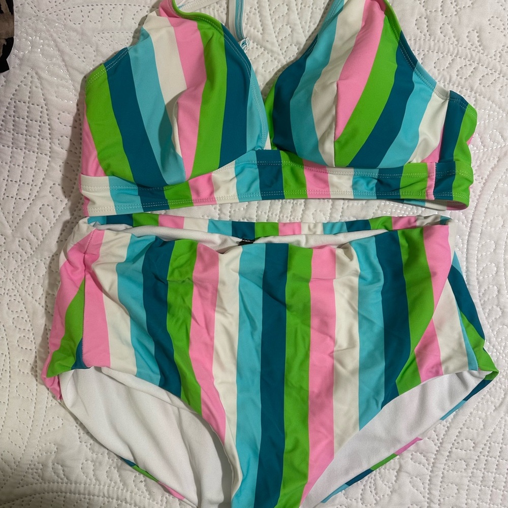 Pink and Green Retro Bikini with High-Waisted Bottom